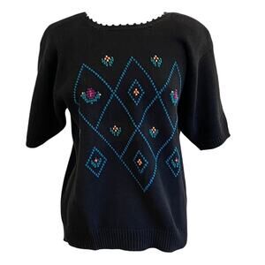 Vintage Radcliffe II by Sag Harbor Black Short Sleeve Embroidered Sweater, 20W